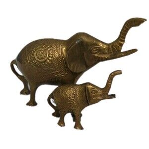 Vintage MCM Brass Pair Of Elephants Trunk Up Figures India